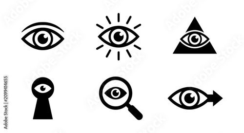 Eye Icons Set: Vision, Surveillance, Insight, Secret, Magnifying Glass, Observation
