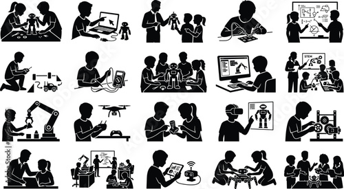 STEM Robotics and Coding Education Black Silhouette Collection for Technology Learning and Engineering Activities