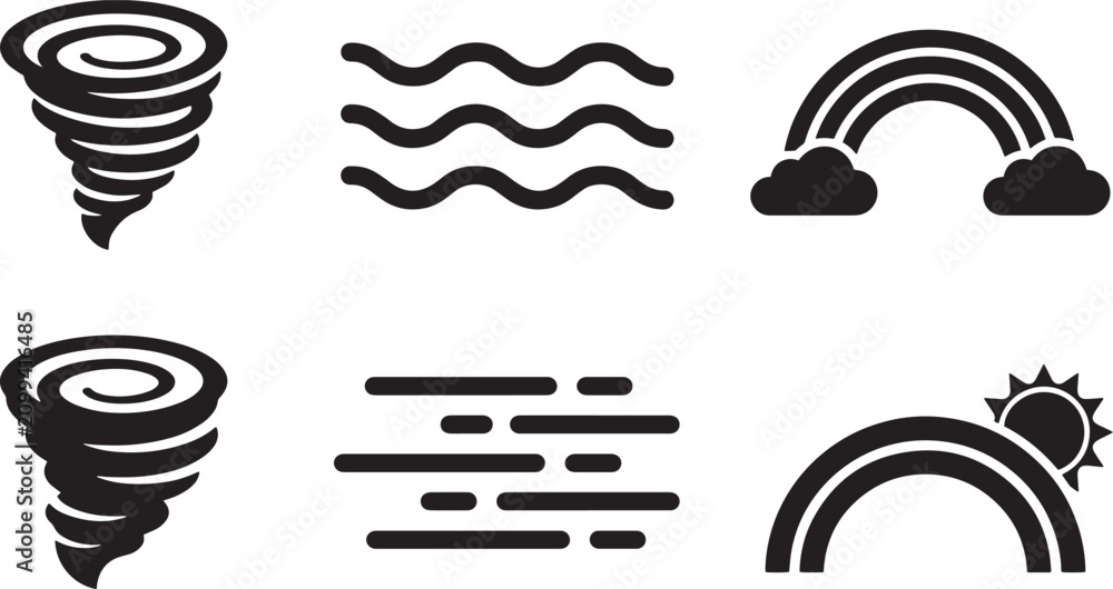 Obraz premium Weather Phenomena Vector Icon Set Featuring Tornado Wind Rainbow and Sun Illustrations for Meteorology Design