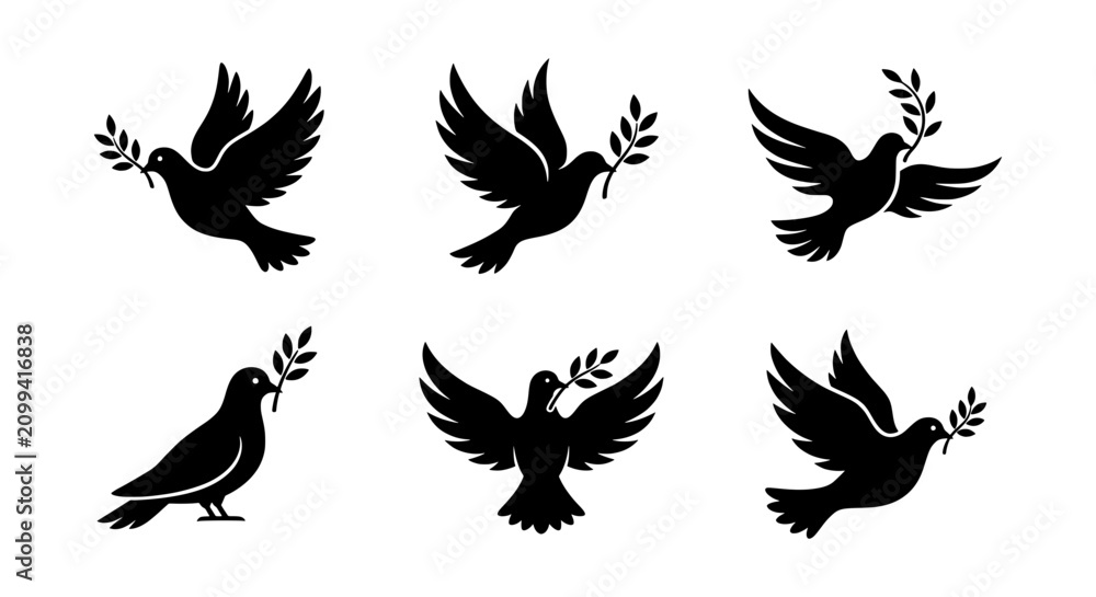 Fototapeta premium Peace dove silhouettes with olive branch, flying pigeon bird icons, 6 black vector symbols of hope