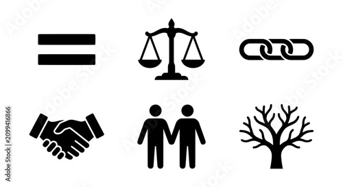 Social justice icons set, equality and human rights symbols, 6 black vector justice icons for web