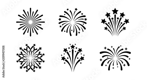 Bild auf Leinwand Fireworks icon set with 6 black vector elements, festive firework sparks, celebr