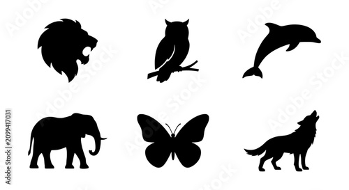 Canvas Print Black animal silhouettes set, 6 wildlife vector icons, lion owl dolphin elephant