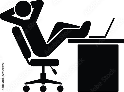 Foto Stick figure pictogram of a relaxed man sitting on office chair with feet on des
