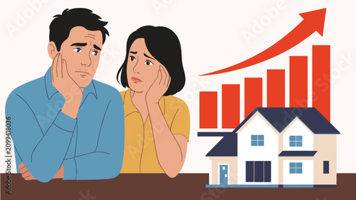 Εκτύπωση καμβά Worried Couple Facing Rising Housing Costs: A man and woman express concern and anxiety as they look towards a rising graph superimposed over a house, symbolizing the escalating cost of real estate