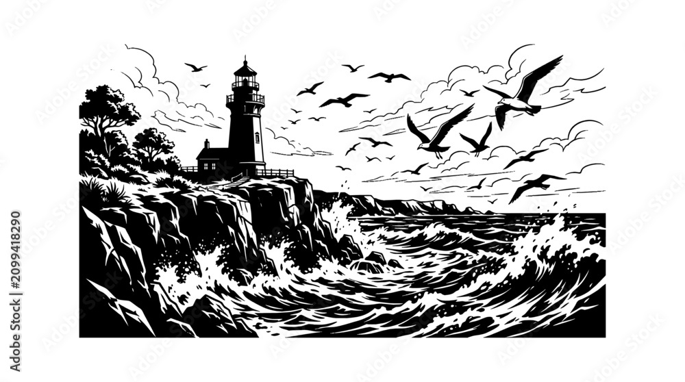 Obraz premium Black and white illustration of a lighthouse by the sea with birds flying overhead