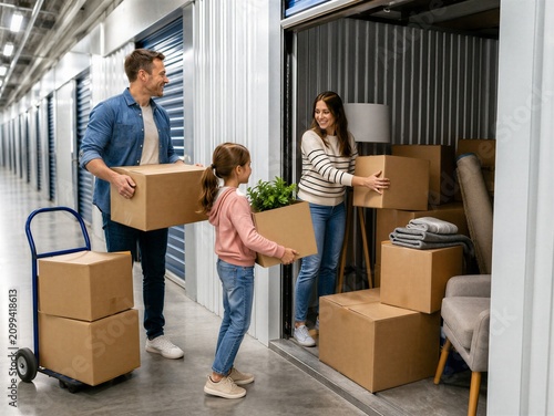 Family places moving boxes and household belongings in an indoor self storage unit. Relocation, temporary storage, teamwork and home moving concept.