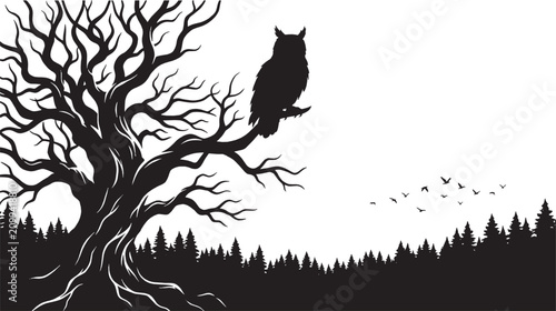 Owl sitting on a bare tree branch in a forest silhouette