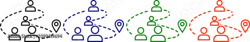 Foto Demographic growth and population reach icons showing community map pin symbols in multiple primary colors