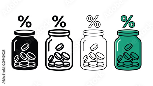Four variations of a savings jar filled with coins in black and teal vector illustration on a white background