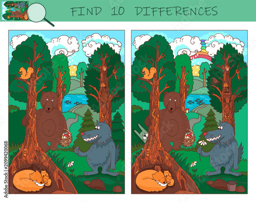 Find the differences game. Animals in the forest. Landscape. Nature. Hidden object puzzle game. Sketch vector illustration.