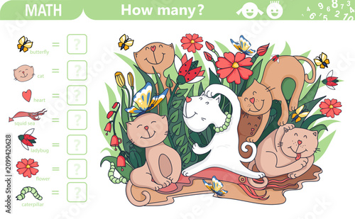 Find and count hidden objects. Funny cats among flowers. Counting math game for kids. Education game, riddles. Sketch vector illustration.