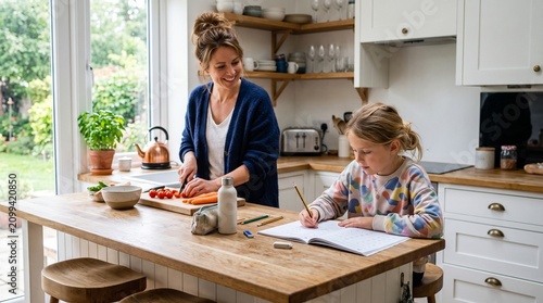 Mother preparing food in kitchen while daughter does homework at island counter