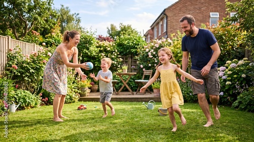 Happy family playing ball in a lush green garden on a sunny day