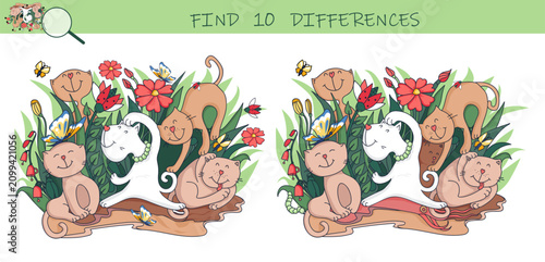 Find the differences game. Funny cats among flowers. Hidden object puzzle game. Sketch vector illustration.