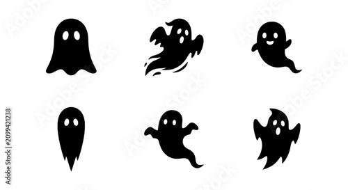 Foto Six Black Ghost Icons, Halloween Vector Set, Spooky Spirit Graphics, Cute Boo Ch