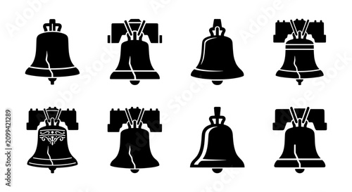 Liberty Bell Icons, USA Independence Symbols, Historical American Sounding Objects, Freedom Celebration Vector Set