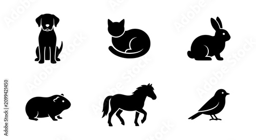 Fotografie Six Black Silhouette Pet Icons: Dog, Cat, Rabbit, Guinea Pig, Horse, Bird Vector