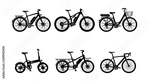 Diverse Electric Bike Collection, Bicycle Icons Set, Urban Commuter & Mountain Styles