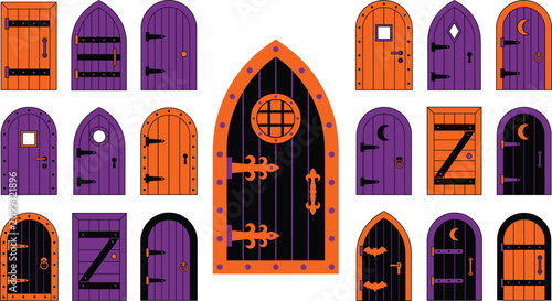 Halloween spooky fairy doors and magical gothic witch castle gates vector illustration set isolated on white background.