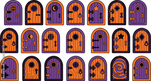 Halloween spooky fairy wooden doors and gothic witch castle gates vector illustration set isolated on a white background.