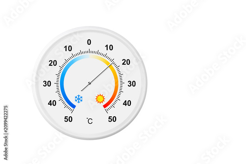 Circular celsius scale thermometer isolated on a white background. Ambient temperature plus 16 degrees celsius