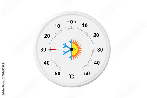 Circular celsius scale thermometer on a white background. Ambient temperature minus 30 degrees celsius
