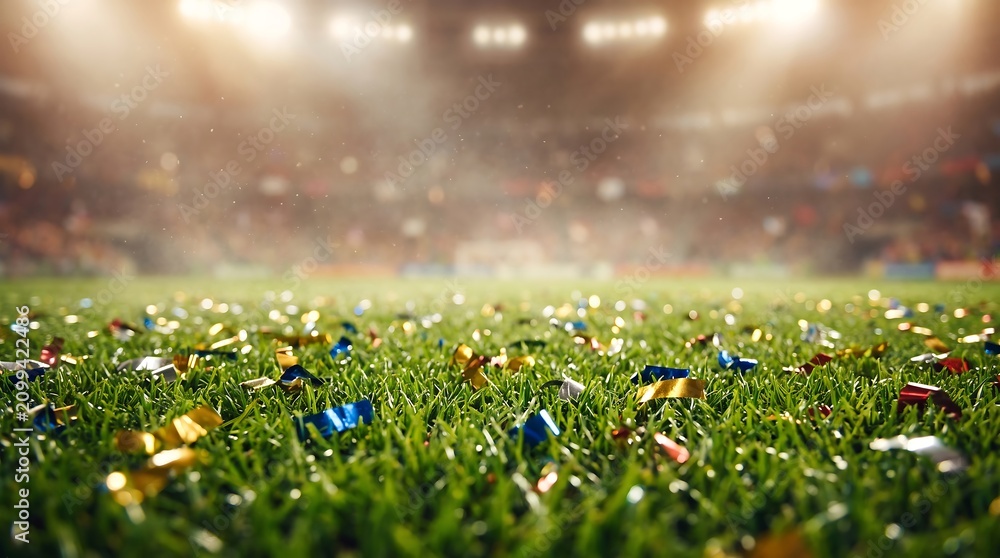 Obraz premium Close up view of a grass field covered in colorful confetti after a major soccer match victory