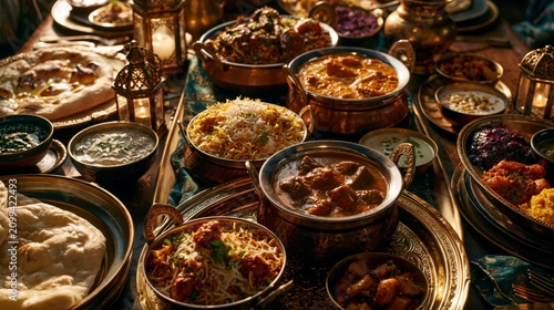 Traditional Indian feast spread across long dining table with curries, biryani, naan bread, chutneys, and brass serving dishes