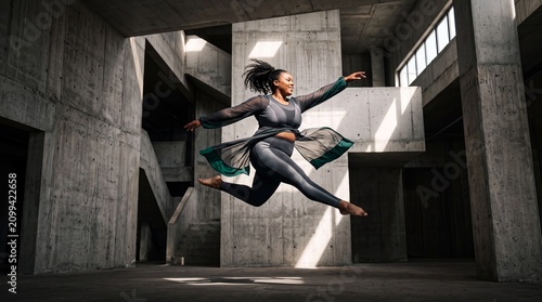 Energetic plus-size Black woman performing a graceful mid-air leap in a brutalist concrete building with dramatic natural light