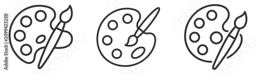 set of three black line art icons of artist paint palette with brush tools on transparent background