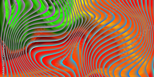 Colorful wavy 3d lines pattern with orange red and green hues.