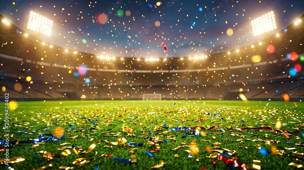 Obraz premium Festive celebration on a professional football pitch with falling confetti at night stadium world cup 2026