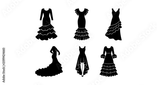 Flamenco Dresses Vector Silhouettes, Elegant Spanish Dance Gowns, Ruffled Fiesta Fashion Icons