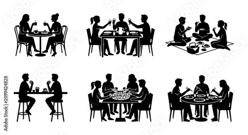 Bild auf Leinwand People Dining Silhouettes, Group Meal Icons, Social Gathering Vector Set