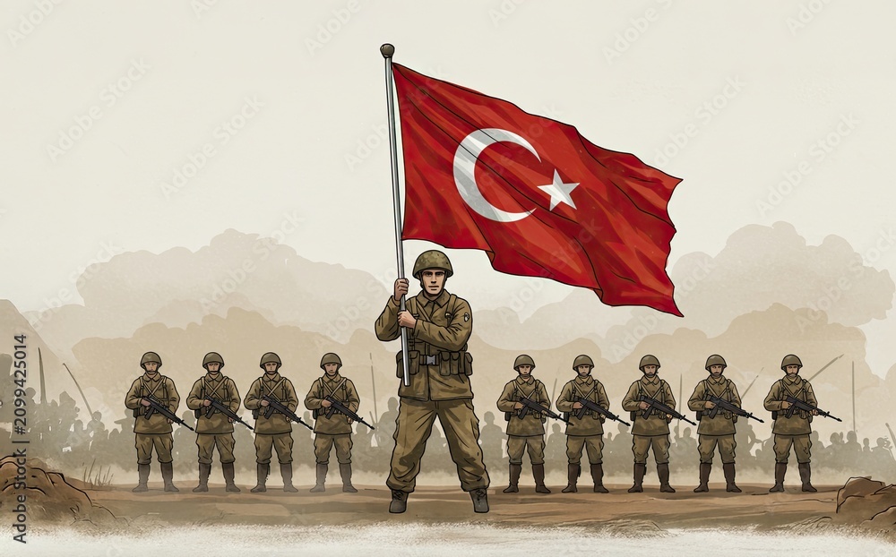Obraz premium Soldiers Rallying Behind the National Flag: A soldier stands proudly, holding the national flag aloft, with a line of uniformed soldiers behind him, ready for duty in a historical setting.