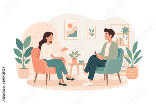 Therapy conversation scene with two people talking on chairs, therapy, conversation, people, chairs, counseling, speech, support,