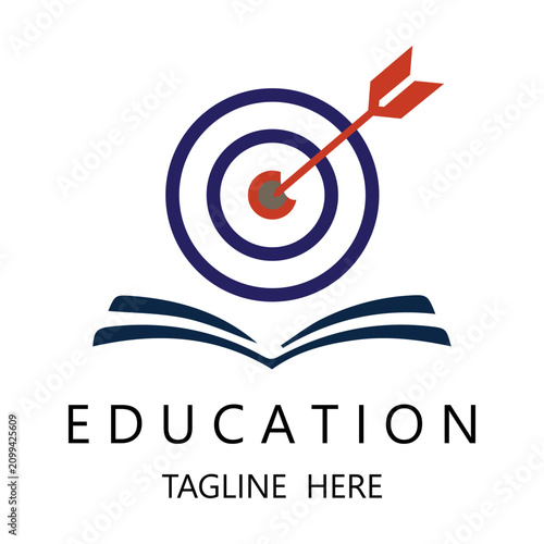 Education logo template featuring a bullseye target with an arrow hitting the center, positioned above an open book icon .