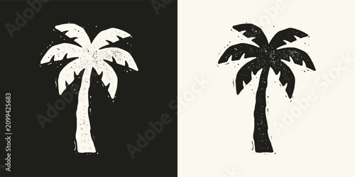 Hand drawn linocut palm tree illustration in black and white with distressed block print texture