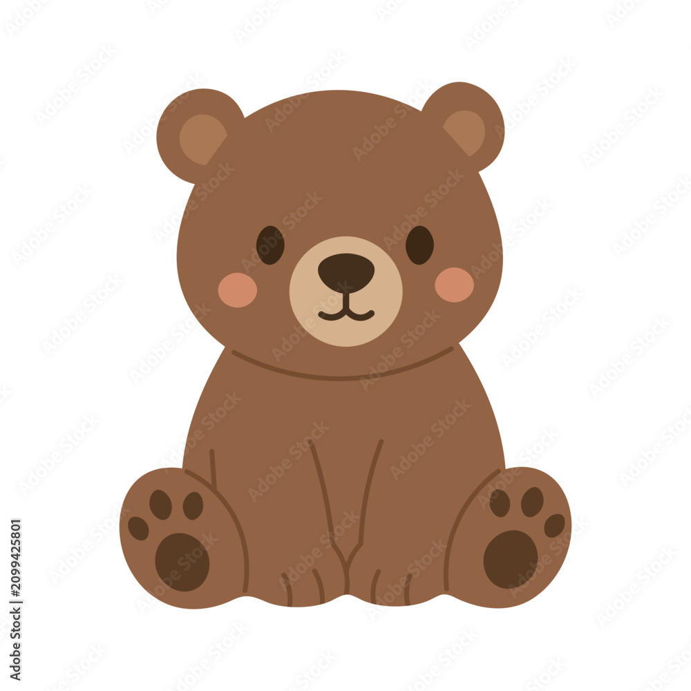 Fototapeta premium Cute sitting bear cub with rosy cheeks and paw pads in soft flat vector style.