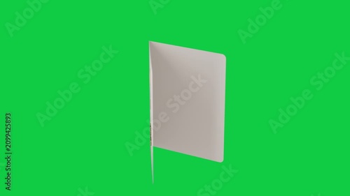 On play folded card rotating, front swinging open revealing interior for mockup on transparent bg