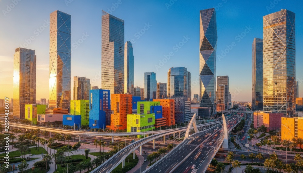Fototapeta premium Modern urban skyline with colorful buildings and skyscrapers at sunset