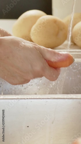 Vertical video: Tap running, hands rinsing carrot at sink for prep, tan sleeve showing white watch