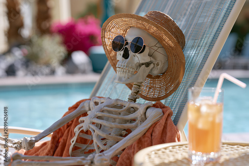 A skeleton wearing sunglasses and a hat by the pool. Concept: end of summer, close of summer season, change of season, beginning of fall, early fall.