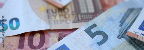 Big pile of euro dollar bills in various nominations. European money banknotes