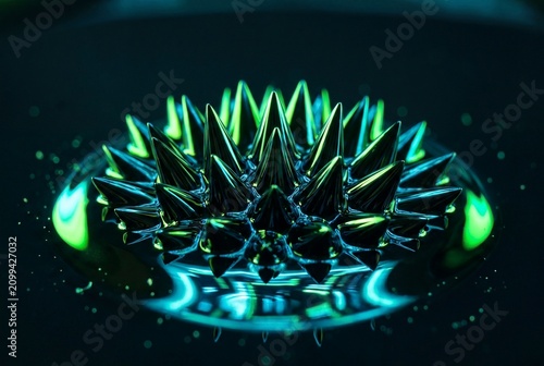 Abstract Macro Photography of Glossy Ferrofluid Spikes with Neon Green Rim Light