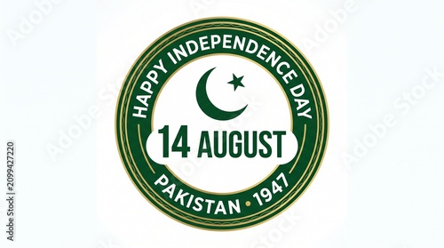Circular emblem with crescent and star, “14 August” text, green border, celebrating Pakistan Independence Day 1947 in bold design…