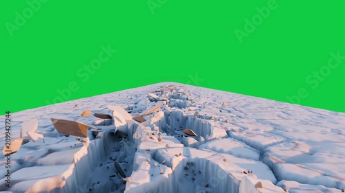 Small cracks forming hex plane rift opening, tiles falling and debris showing chasm, transparent bg