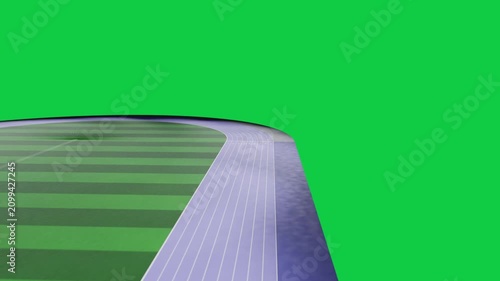 Play camera panning right tilting down showing infield and numbered track on transparent background