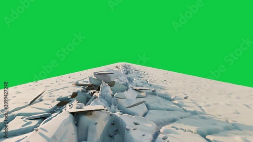 CGI terrain stretching, opening central fissure, splitting plates, bowl settling on transparent bg
